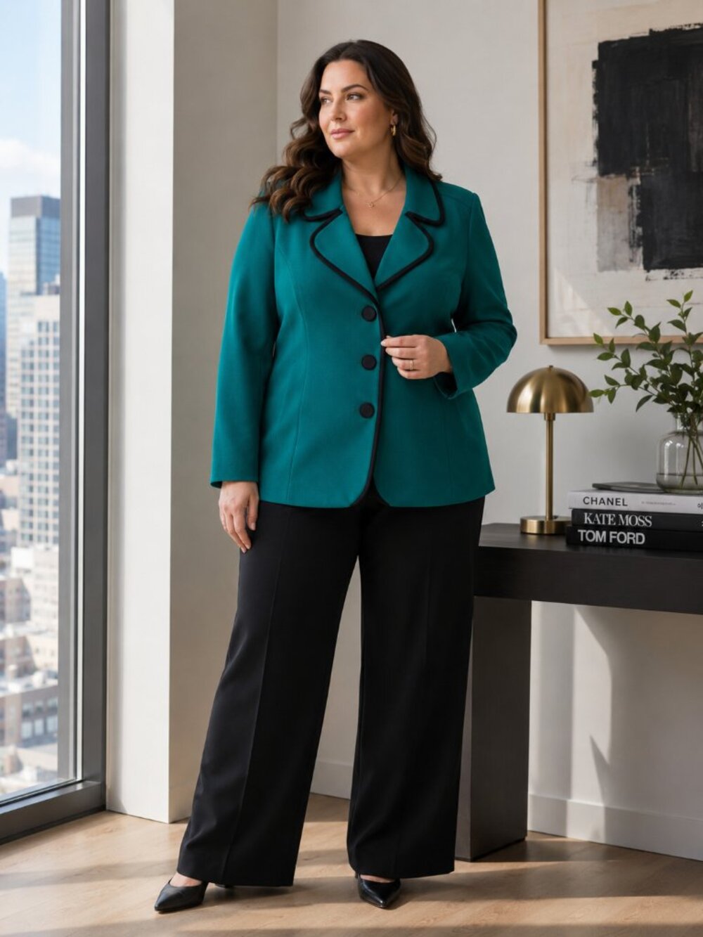 Vintage Leslie Fay Emerald Green Contrast Trim Career Blazer Jacket 16